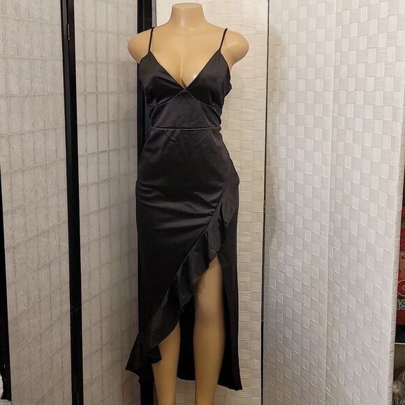 BRAND NEW E.L.H STUDIO HIGH LOW RUFFLE HEM SATIN DRESS - Picture 3 of 14